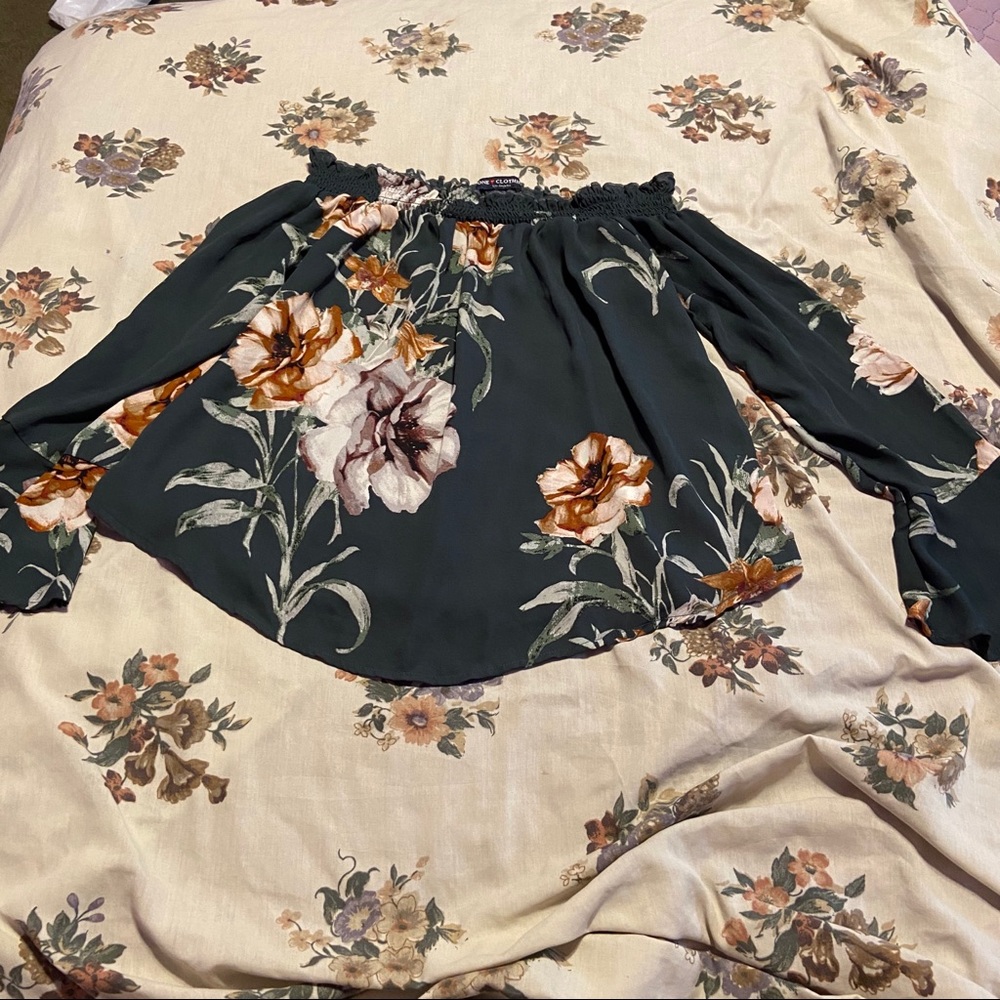 Green,flower,off the shoulder top